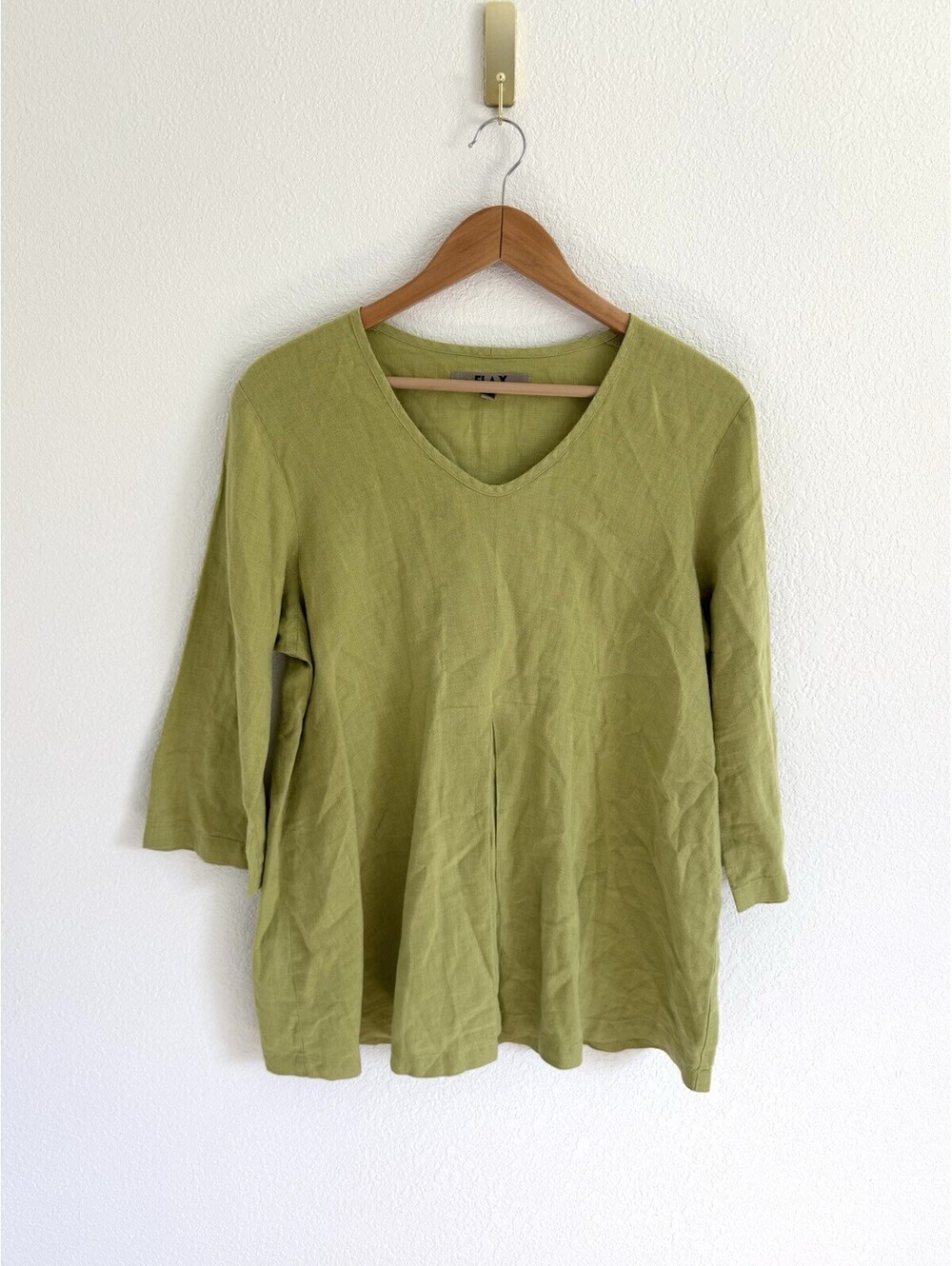 Flax 100% Linen Top Sz Small Green Relaxed Long Sleeve V Neck Lagenlook Beach
